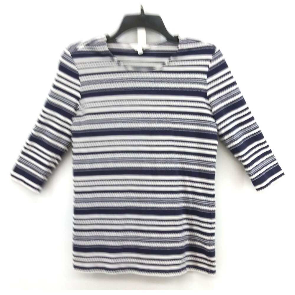 Coral Bay Shirt Womens Small Blue Striped 3/4 Sleeve Round Neck Casual Top